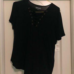 Black Lace Up Short-Sleeve Shirt